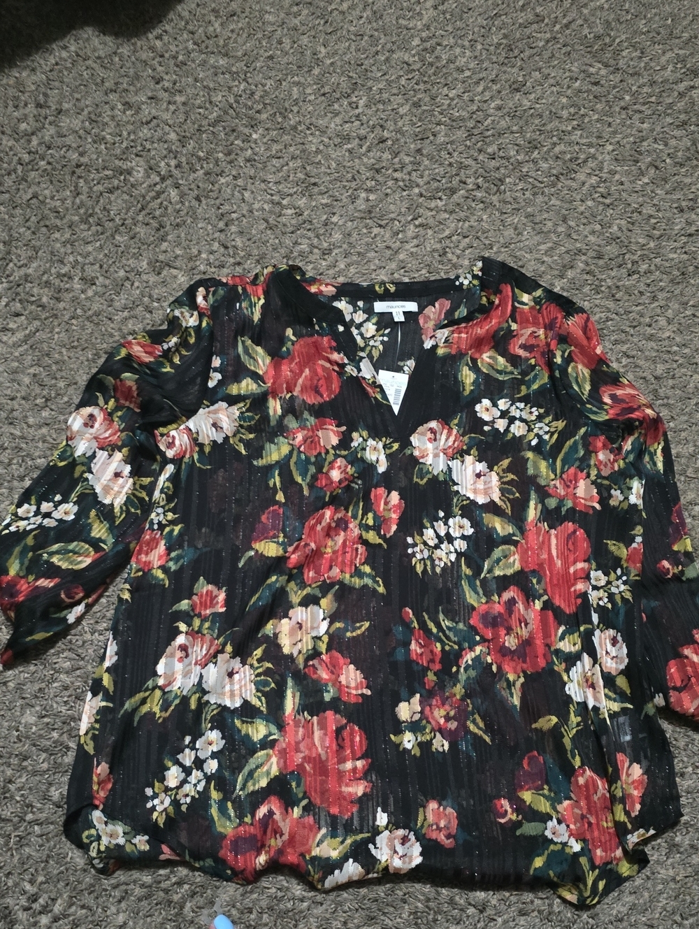 Maurices Black Floral V-Neck Long Sleeve Blouse